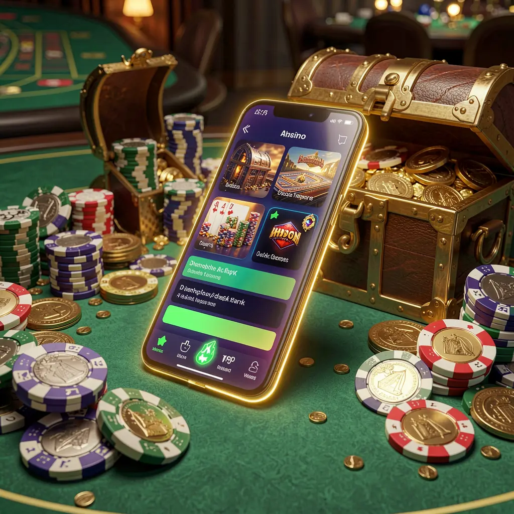 Glowing smartphone displaying the POWER777 Casino APK app with Android-style layout, surrounded by a treasure chest, chips, and coins in a luxury 3D render