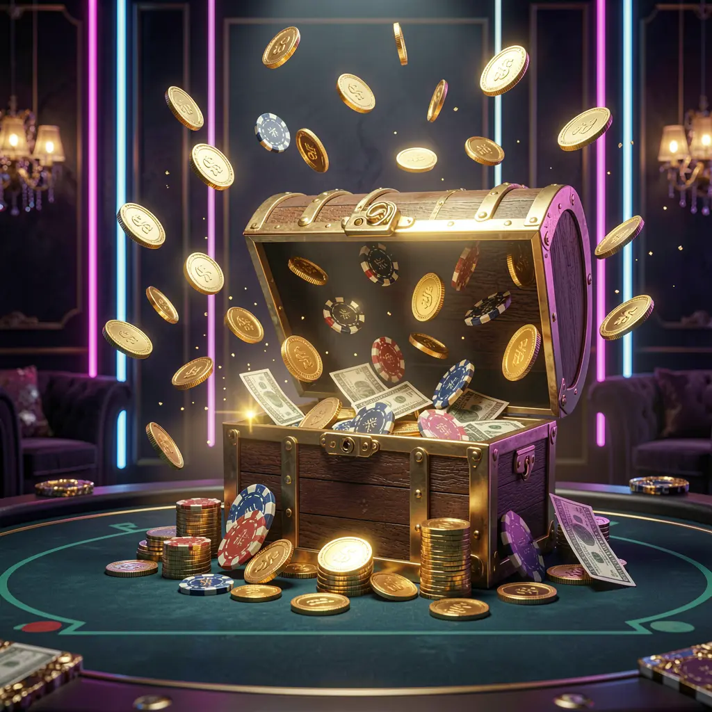 A premium online casino bonus hero banner for POWER777 featuring golden coins flying in the air and a glowing treasure chest full of chips and cash against a luxury dark background with neon accents, creating a festive and elegant casino atmosphere with high detail and cinematic 3D realistic lighting