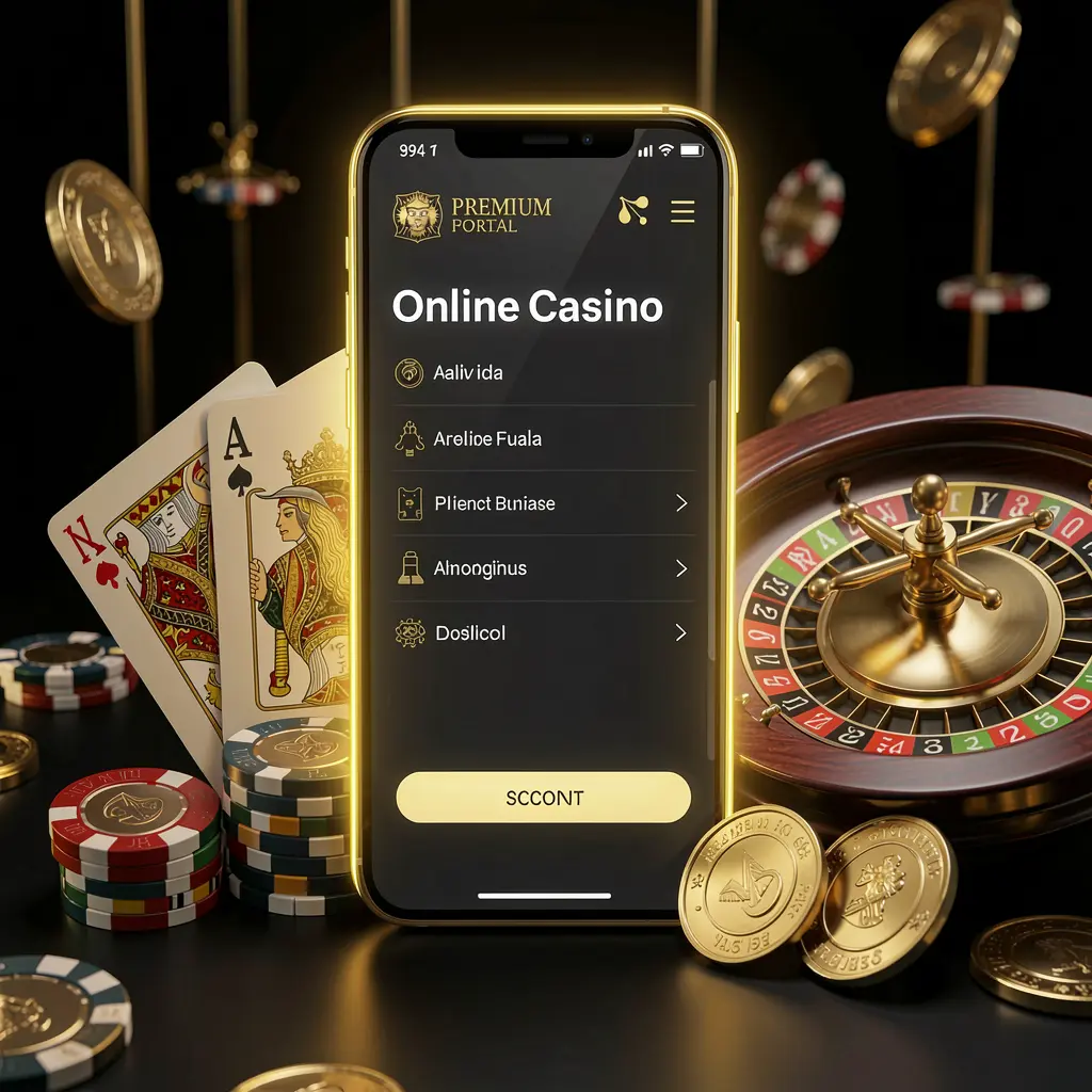 POWER777 online casino account portal with glowing smartphone, premium cards, chips, roulette wheel, and coins on a black and gold background with cinematic lighting in a realistic 3D render