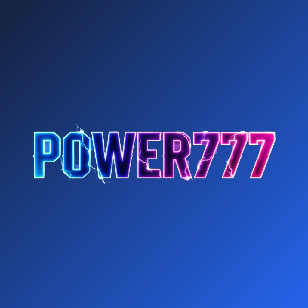 Colorful gaming logo for POWER777 featuring extra bold block letters in electric blue, purple, and pink neon gradients with dynamic glowing effects on a transparent background, designed as a horizontal rectangular wordmark for a website header