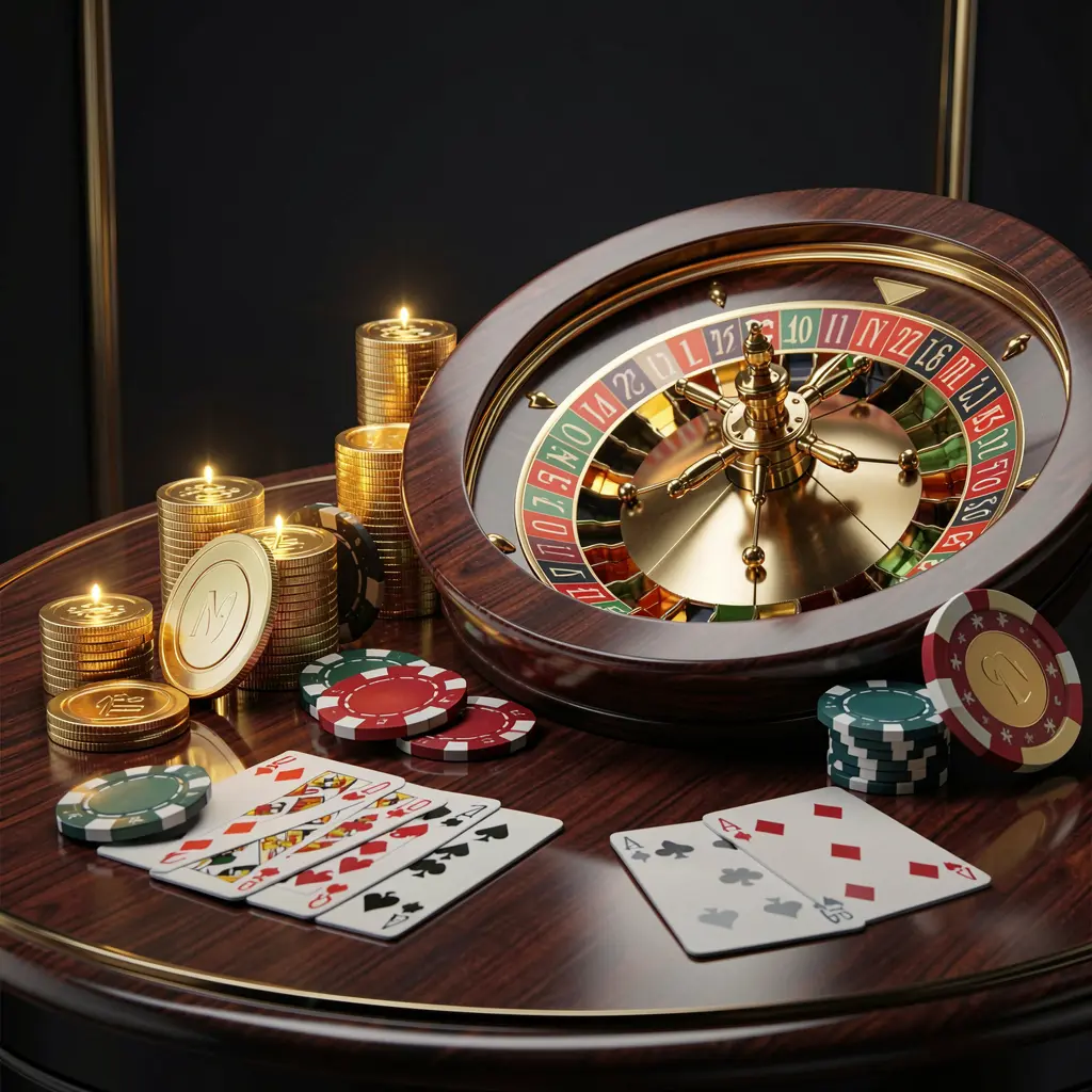 POWER777 premium online casino banner featuring golden coins, glowing chips, roulette wheel, and playing cards on a glossy table with an elegant dark background in a high detail realistic 3D render